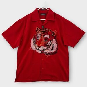 Vintage Perruzo Shirt Mens Large Tiger Big Embroidered Red Korea Button Up NEW